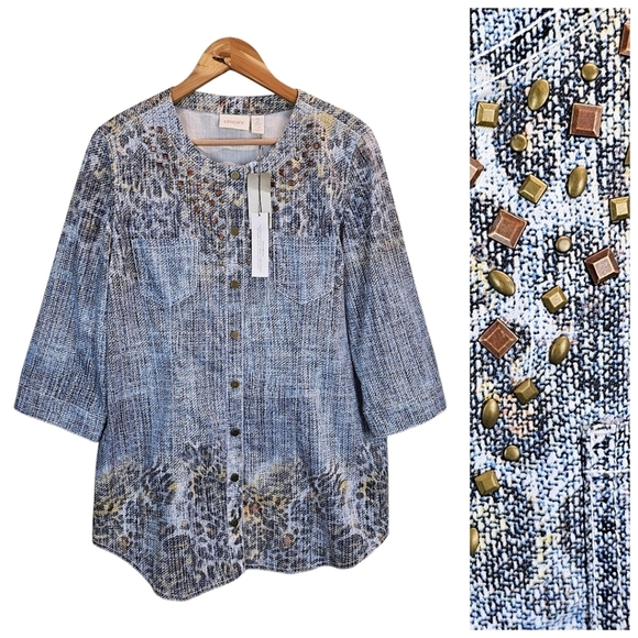 NWT Chico's Snap Front Faux Denim Studded Duster Jacket Large Blue Animal Print